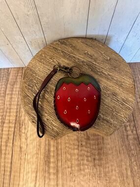Genuine Leather Strawberry Coin Purse Wristlet Cute Hand Painted 4 x 3 inch